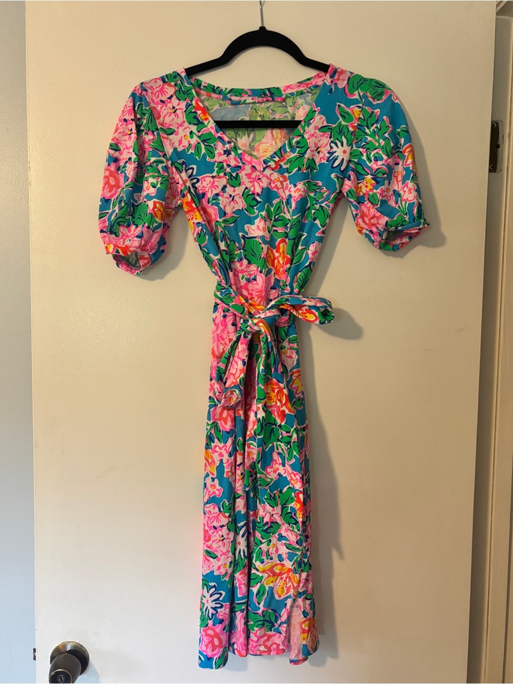 Lilly Pulitzer Floral V-Neck Tie-Waist Midi Dress, Size XXS